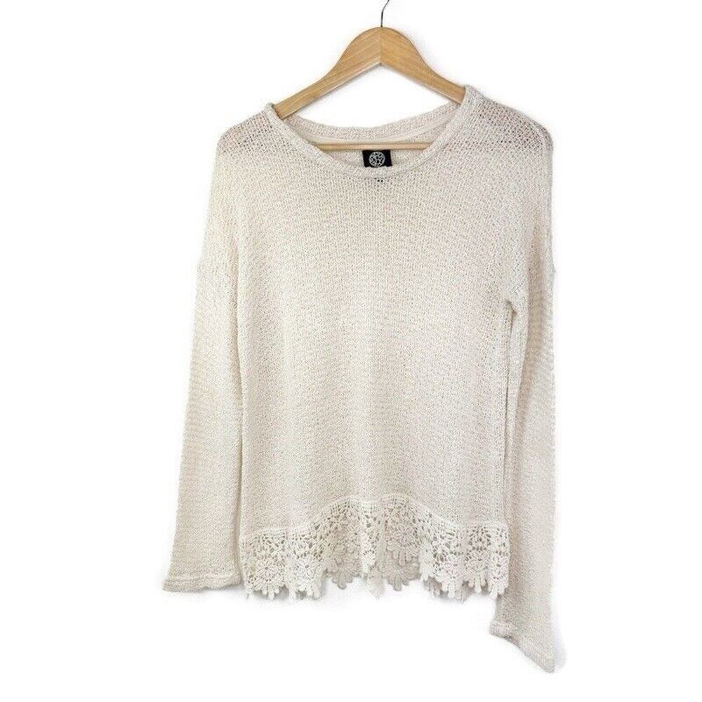 Bobeau Sweater Woman Size M Tan Open Knit Long Sleeve Crew Neck Pullover